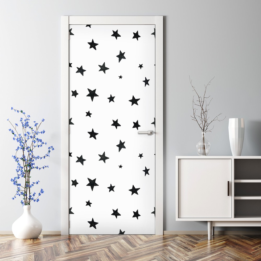 Self-adhesive minimalistic star black and white door sticker bubble-free
