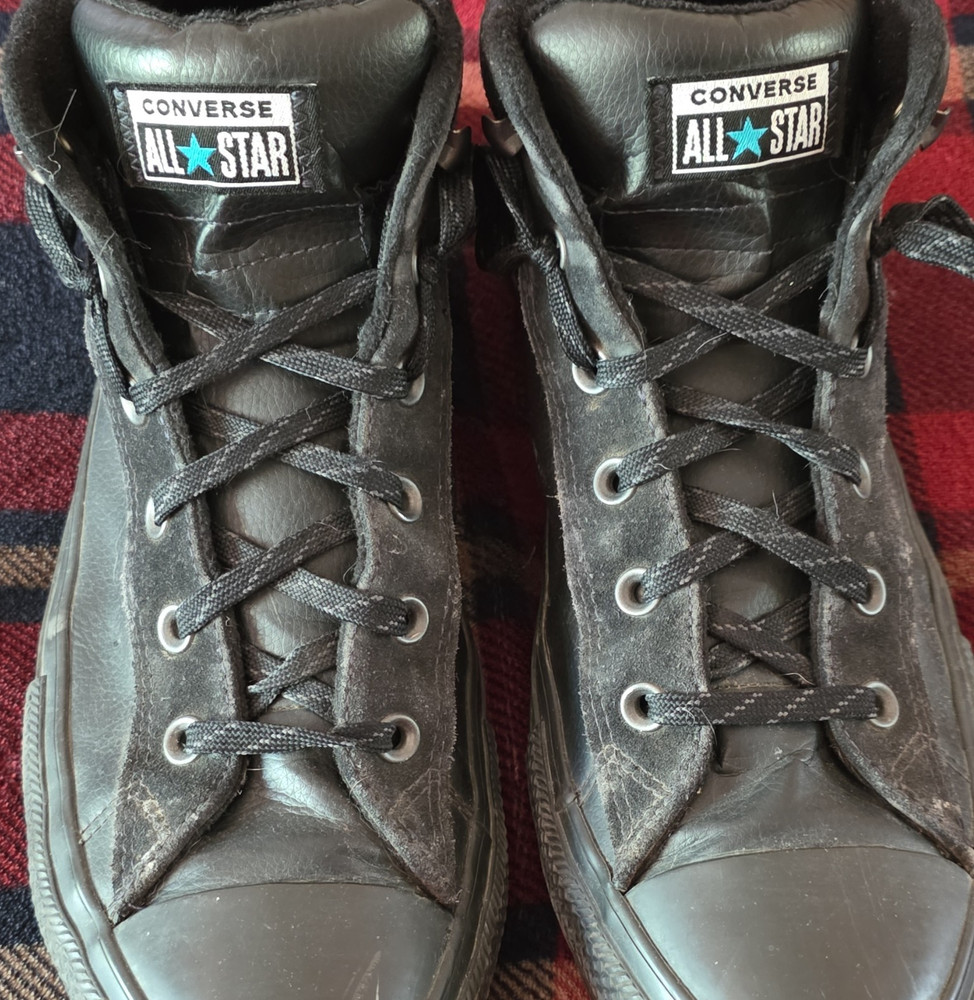 Converse All Star Men's Black Leather High-Top Sneakers Lace Up Logo Size 12