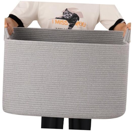 Large Storage Basket, Cotton Rope Woven Blanket Basket, Toy Basket for 65L Grey