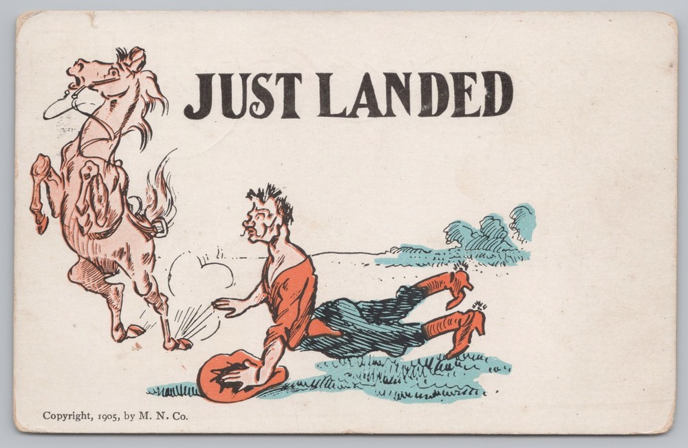 Comics~Bucking Horse Throws Cowboy on Ground~Just Landed~Vintage Postcard