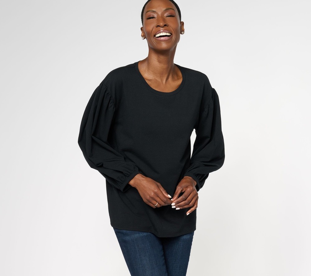 Anybody Women's Top Sz 2XS (XXS) Puff-Sleeve Printed Knit Black A619744