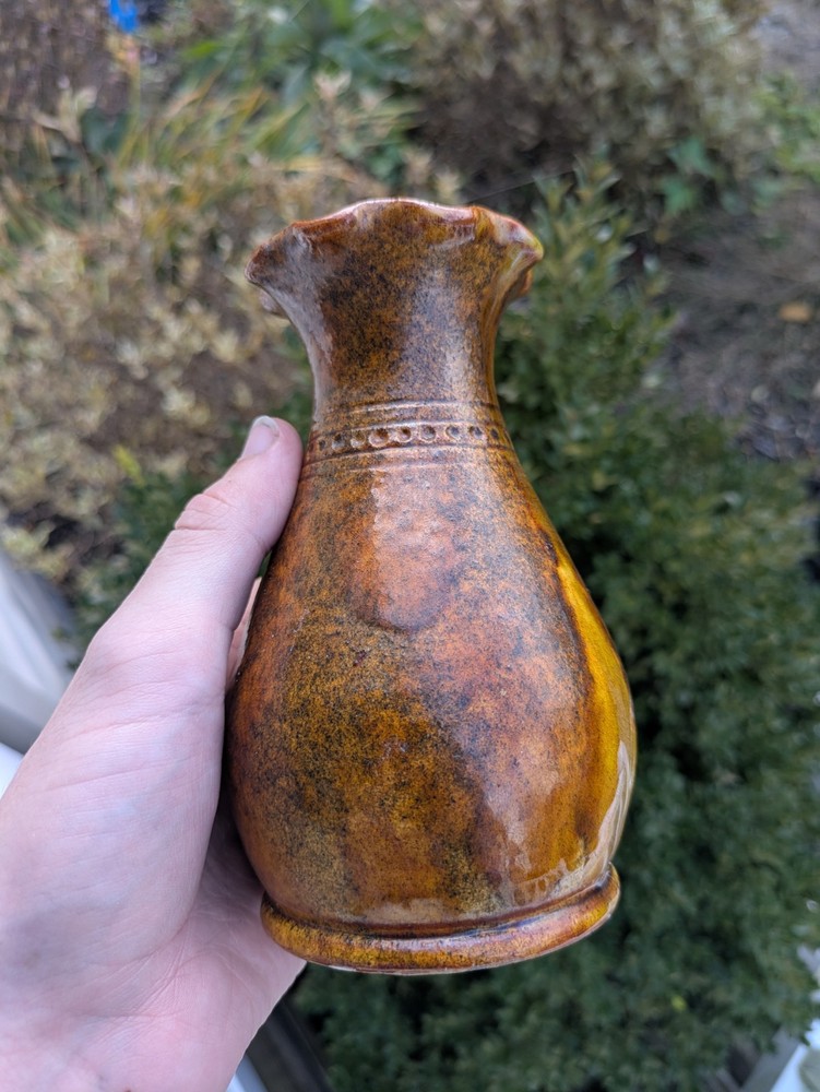 Brown Yellow Ceramic Decorative Vase Glossy Finish Incised Backstamp