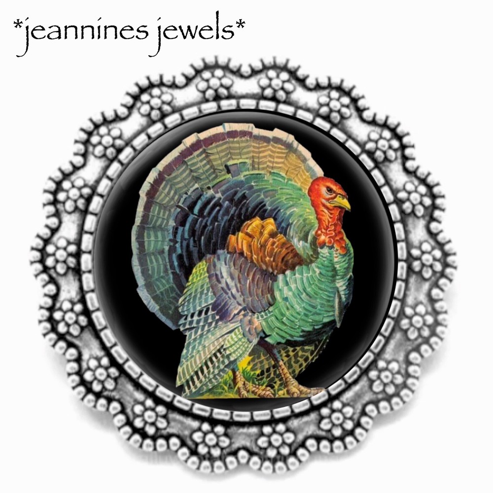 Thanksgiving Turkey Silver BROOCH Pin Victorian ART PRINT Lapel Scarf Pin