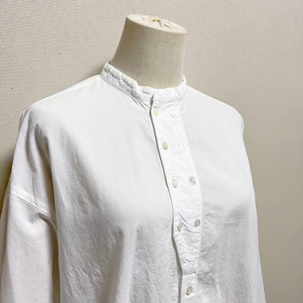 Nest Robe Cotton Linen Double Button Long Shirt Band Collar Classic Style