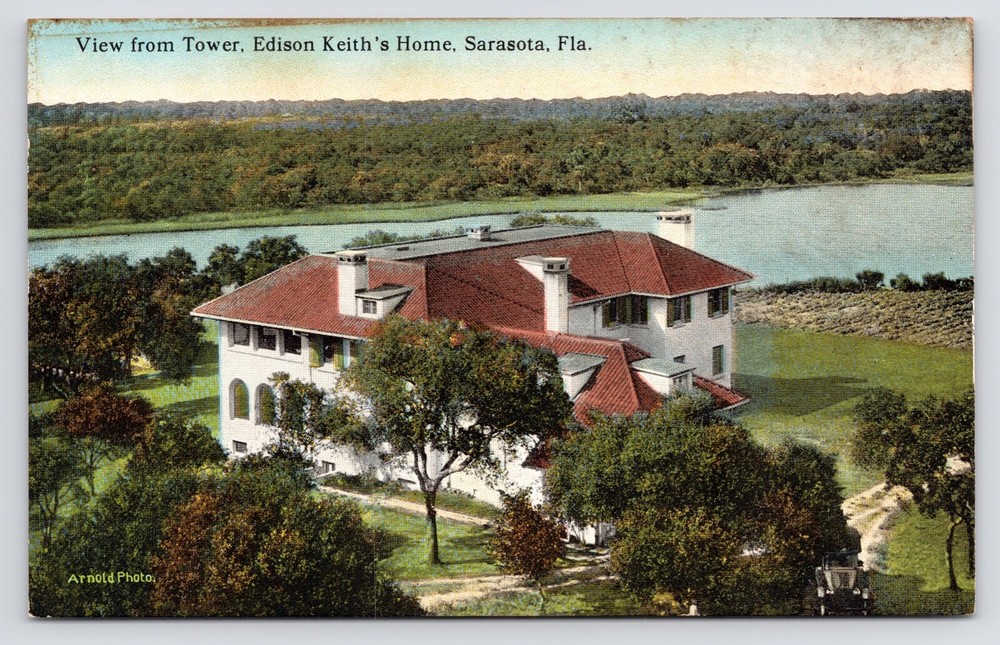 c1907 Edison Keith's Home Mansion from Tower Aerial Sarasota Florida FL Postcard