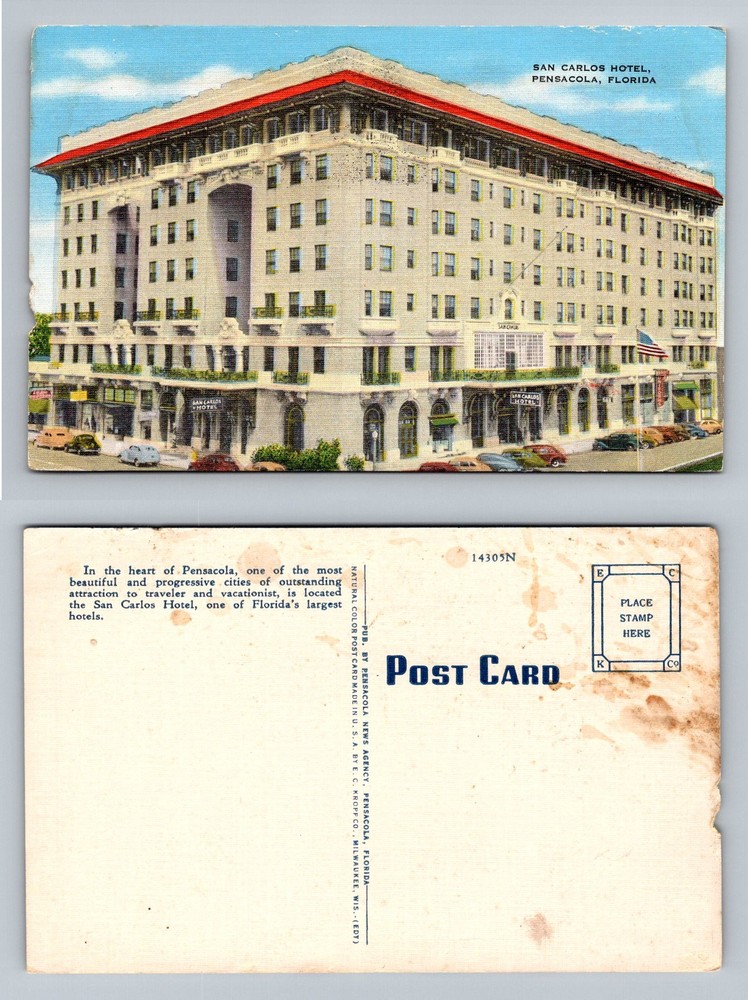 Pensacola, FL-Florida, San Carlos Hotel Street View Cars Vintage Postcard