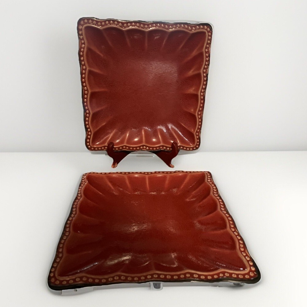 Set of 2 Roscher Hobnail Collection Red & Black Square Salad Luncheon Plates 8