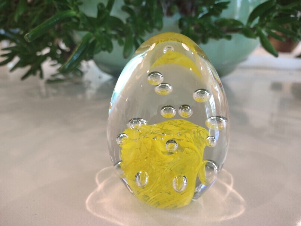Hand Blown Art Glass Egg Shaped Paperweight Yellow Abstract with  Large Bubbles-image