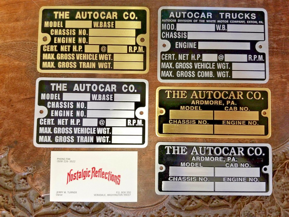 Autocar Truck Chassis CHOICE Vintage acid etched Brass & Aluminum Data Plates-image