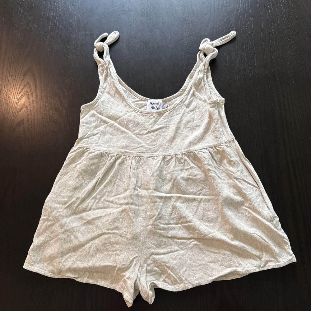 Princess Polly Cream Romper US 4 Tie Strap Linen Blend Casual Playsuit