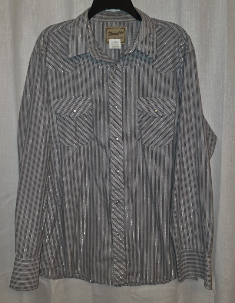Vintage Wrangler Grey Striped Pearl Snap Mens Long Sleeve Western Shirt- XL