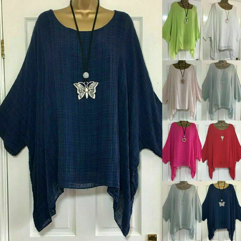 Plus Size Blouse Ladies Womens T-Shirt Bat Sleeve Tunic Linen Tops Baggy Casual