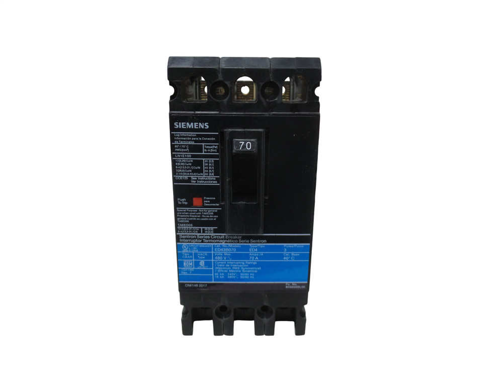 Siemens Ed43B070 70A, 480V Circuit Breaker