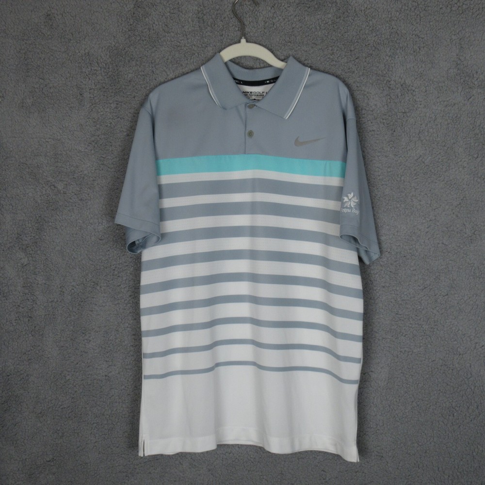 Nike Golf Polo Shirt Tour Performance Mens Size L Dri-Fit Striped Grey and White