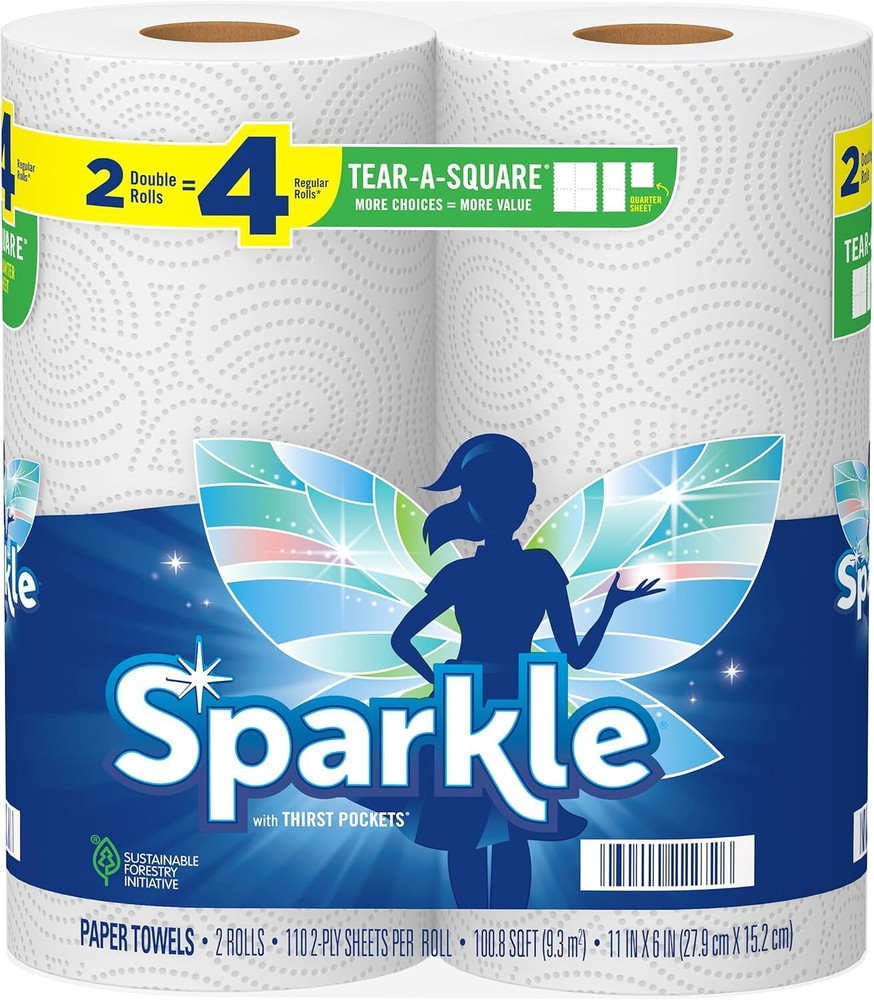 Sparkle Tear-A-Square Paper Towels, 2 Double Rolls = 4 Regular Rolls, Customizab
