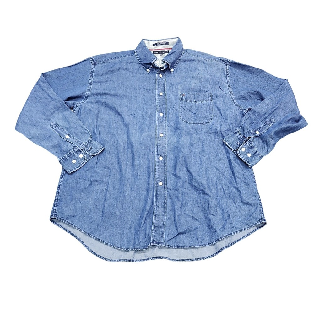 Tommy Hilfiger Shirt Mens XL Blue Chambray Long Sleeve Button Casual Pocket
