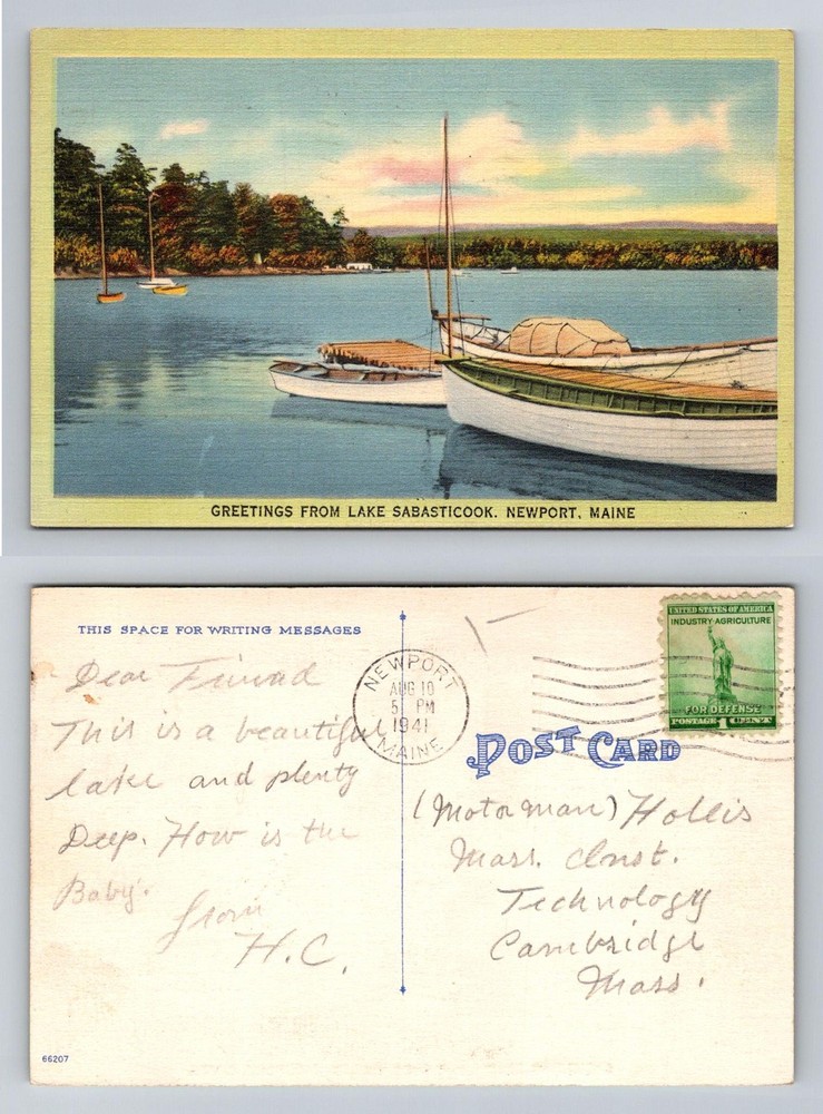 Newport, ME-Maine, Lake Sebasticook Boats Scenic View Vintage c1941 Postcard