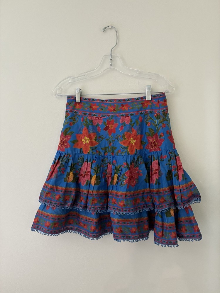 Farm Rio Blue Tropical Tapestry Mini Skirt Tiered Size Xs Floral