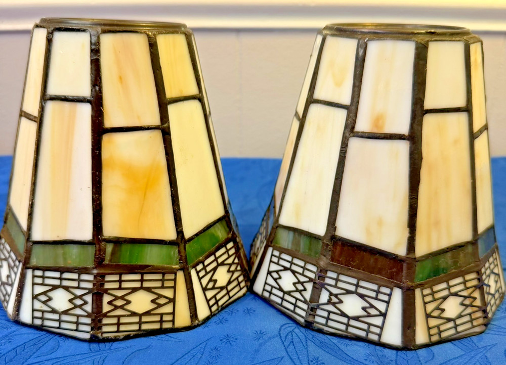 VTG 2x Tiffany Style Stained Glass Ceiling Fan Light Shades Mission Arts Crafts