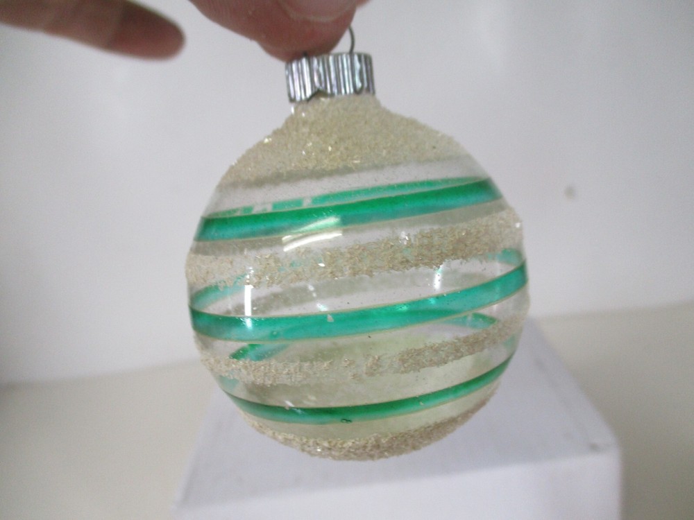 Vintage Unsilvered Glass Christmas Ornament - Frosted & Green Stripes