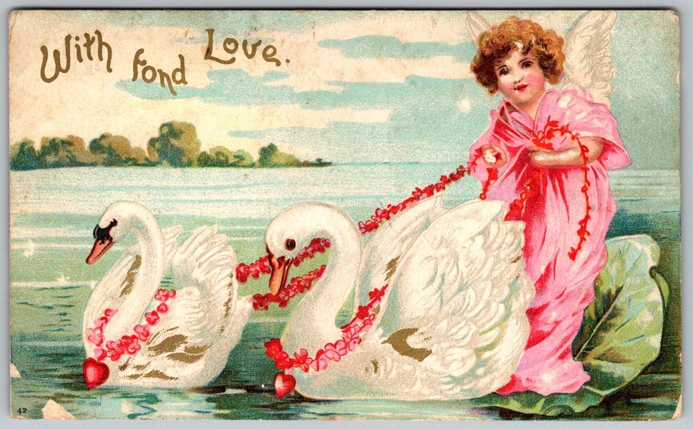 Antique Postcard Cherub Angel & Swans Zionsville, PA 1900s