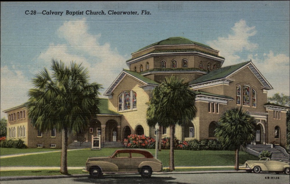 Clearwater Florida & Calvary Baptist Church ~ 1950s cars ~ linen postcard