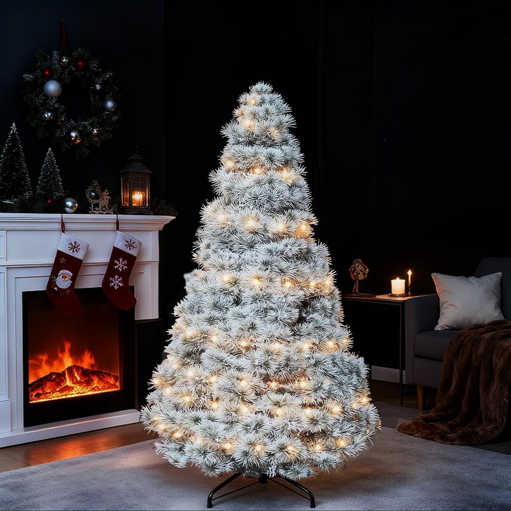 Sweetcrispy 6ft Pre-lit Snow Flocked Artificial Christmas Tree, Prelighted Artif