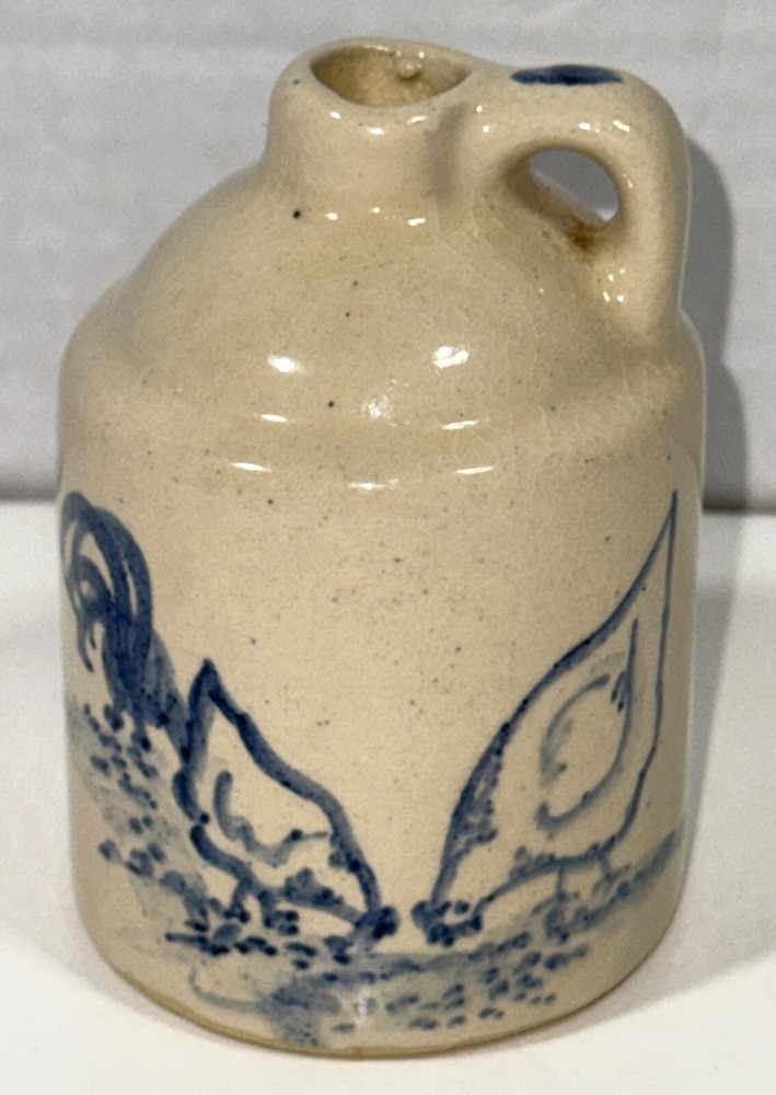 VTG Salt Glaze Stoneware Mini Pottery Crock Jug Pitcher Painted Chicken 3