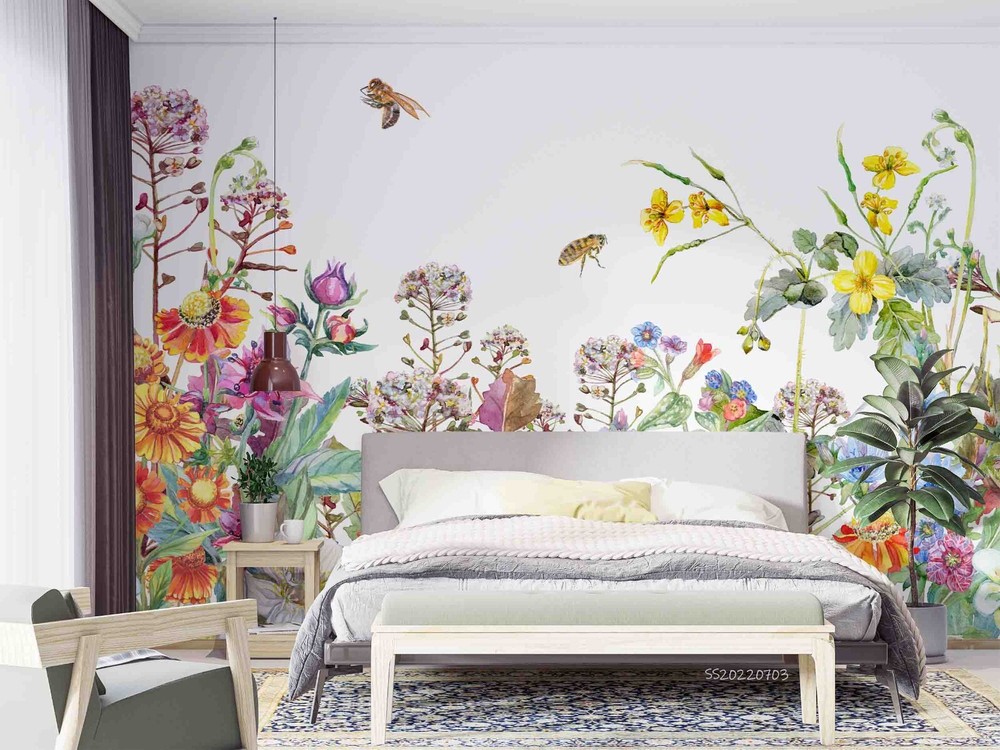 3D Colorful Floral Leaf Bee Wall Murals Wallpaper Murals Wall Sticker