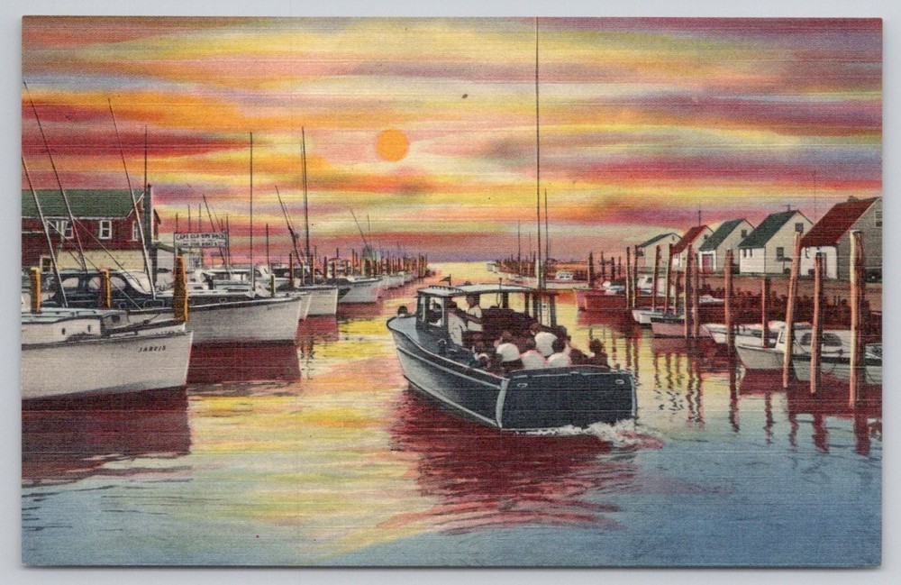 Fishing Boats Long Beach Island NJ Linen Postcard Sunset Curteich