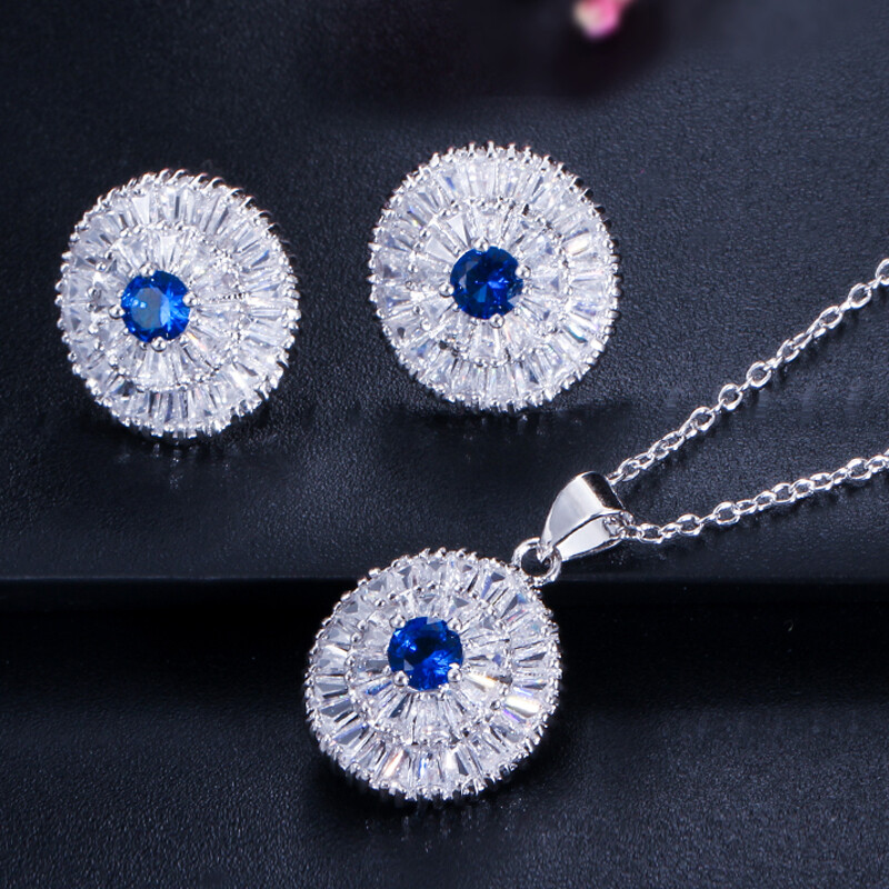 Dazzling Round Pendant Necklace Earring Silver Plated Cubic Zirconia Jewelry Set