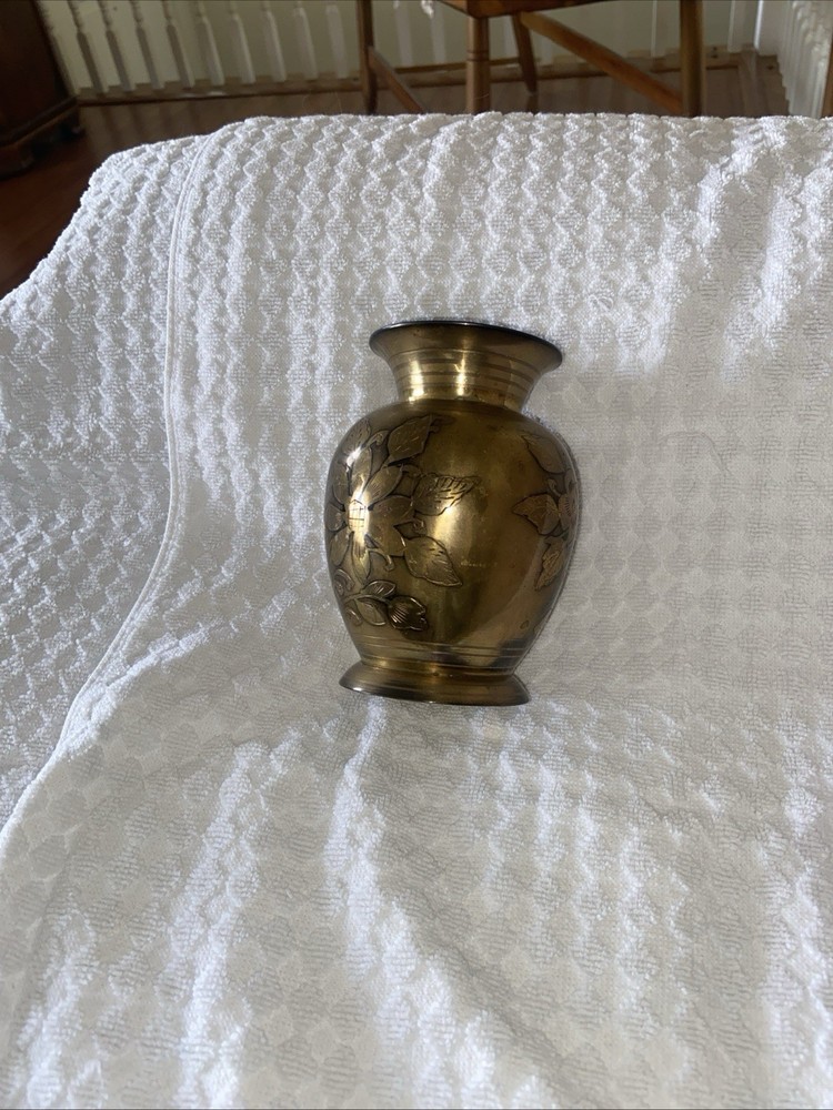 Vintage Brass Vase With Hand Etching. 5” Tall & 4” Wide at ‘potbelly’. India