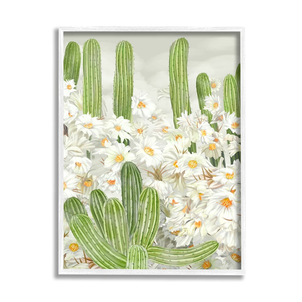 Blooming White Florals in Cacti Field Desert Plants Framed Wall Art