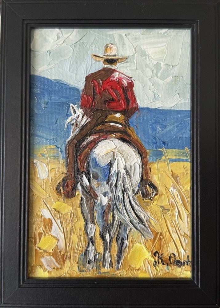 ORIGINAL OIL PAINTING WESTERN COWBOY ABSTRACT LANDSCAPE SIGNED FRAMED 4x6