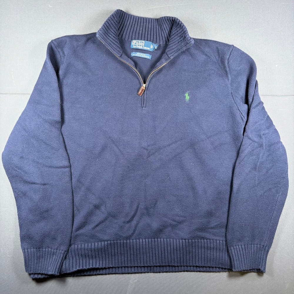 Polo Ralph Lauren Navy Blue 100% Cotton 1/4 Zip Knit Sweater Pullover Men's XL
