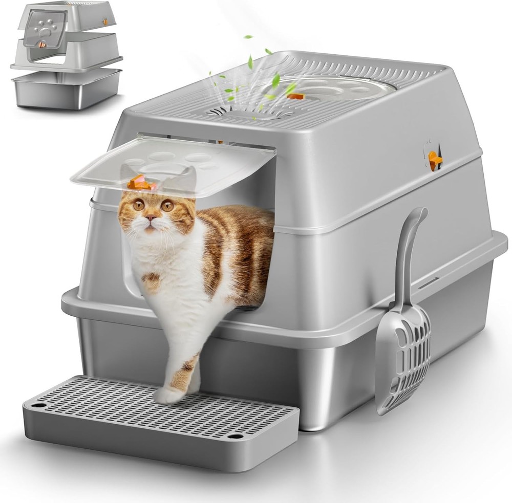 Stainless Steel Cat Litter Box with Lid, XL Large Enclosed High Sided Litter Box