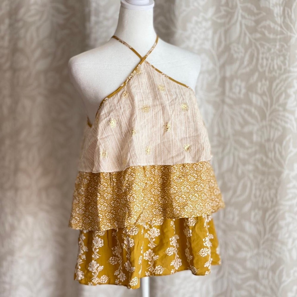 NWT LC Lauren Conrad Tiered Halter Top Mustard Yellow Floral Boho Cottage Size S