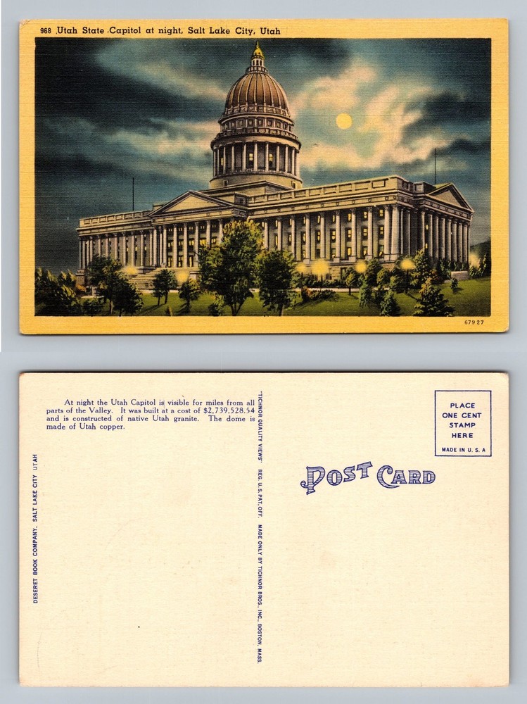 Salt Lake City, UT-Utah, State Capitol at Night Scene Standard Postcard