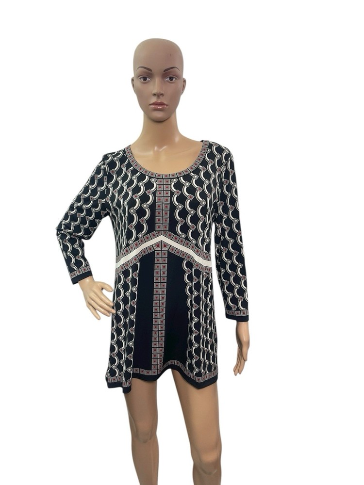 Max Studio Women’s Size Large Long Sleeve Scoop Neck Black Geometric Print Top