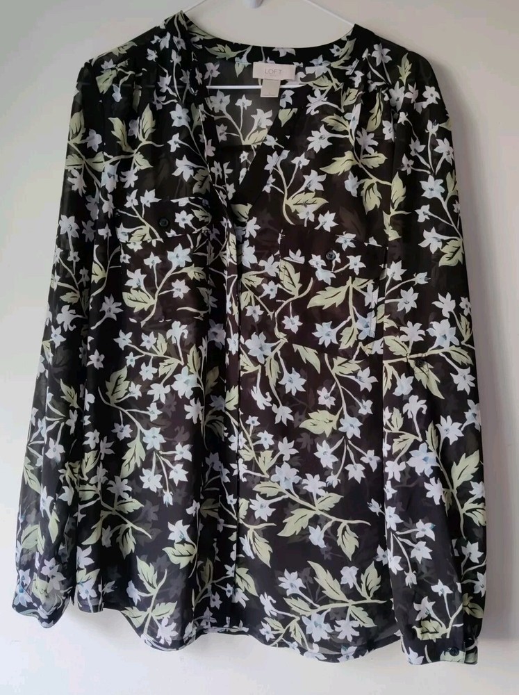 Loft Black Semi Sheer Long Sleeve Blouse Black Floral Print V-Neck Size Large