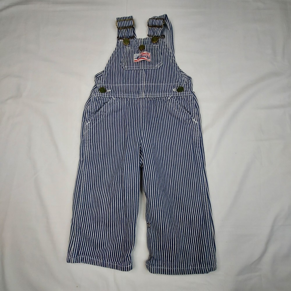 Vintage Kid’s 24mo Liberty Denim Striped Bib Overalls Train Conductor USA Boys