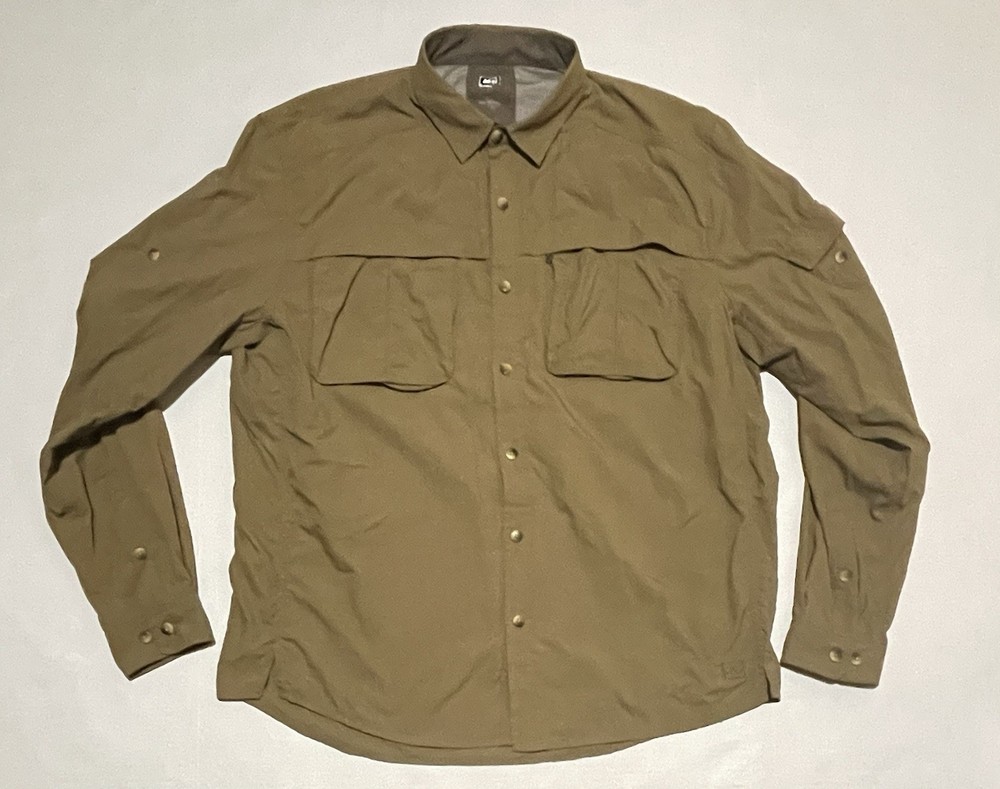 REI Shirt Mens Large Olive Brown Chest Pockets Arm Pockets Sahara Vented Nylon