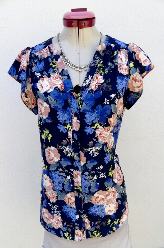 PORTMANS Blue Pink Floral V-Neck Top Size AU 8 Feminine Cottagecore Blouse