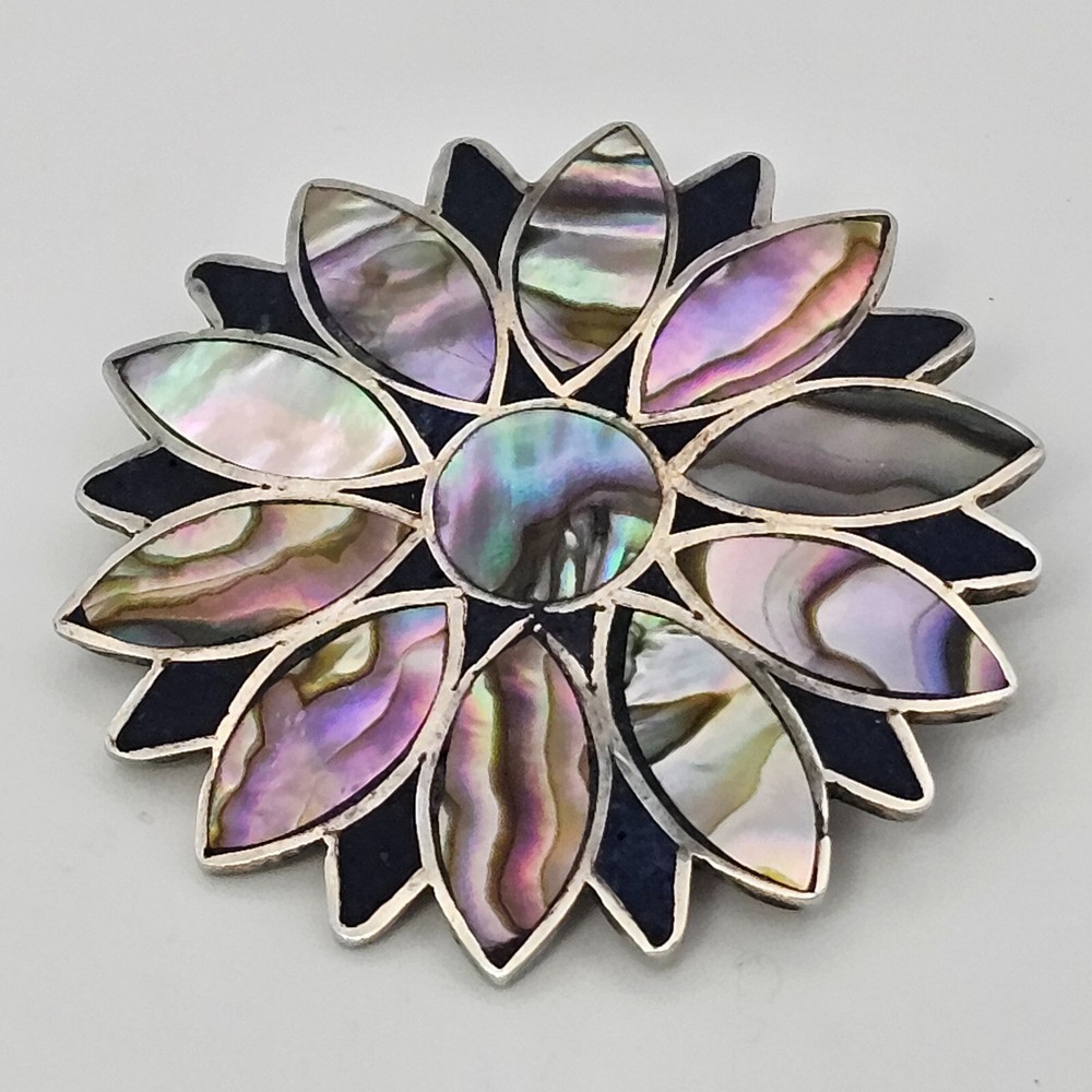 VTG Mexico Taxco 925 Sterling Silver & Inlaid Abalone (MOP) Brooch Pin Pendant