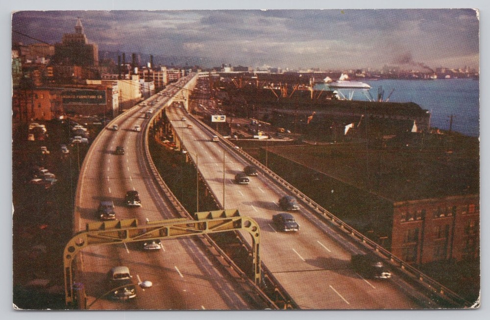Seattle Alaska Way Viaduct Vintage Postcard 1950s Puget Sound Ships