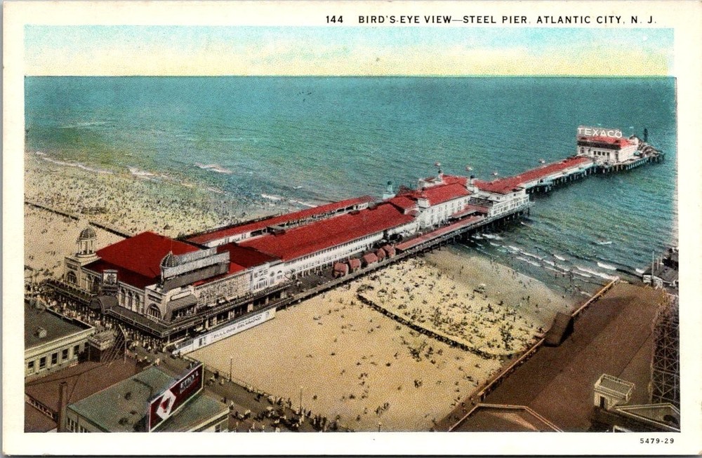 Atlantic City NJ Steel Pier Bird's-Eye View Linen Postcard Texaco Sign