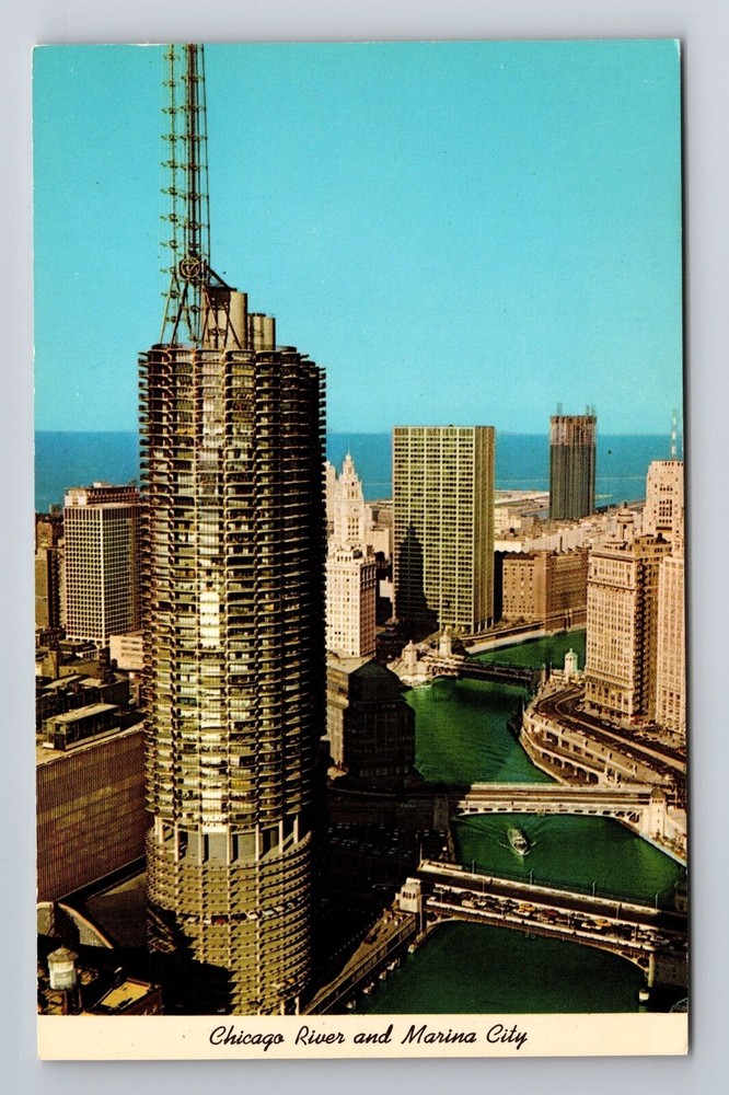 Chicago IL-Illinois, Chicago River, Marina City, Antique Vintage Postcard