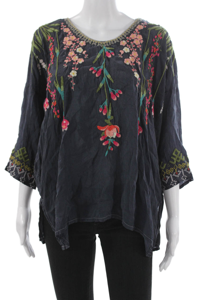 Johnny Was Womens Tunic Floral Blue Cupro Rayon 3/4 Sleeve Round Neck Size LFree Shipping in US $100+ Orders | $6.95 Orders Below