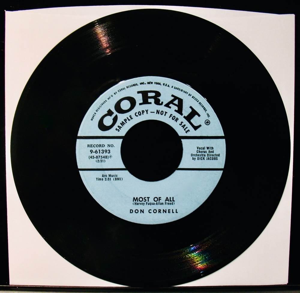 DON CORNELL:  Most Of All~A Great Pop Ballad From 1955 Promo 45~CORAL #9-61393