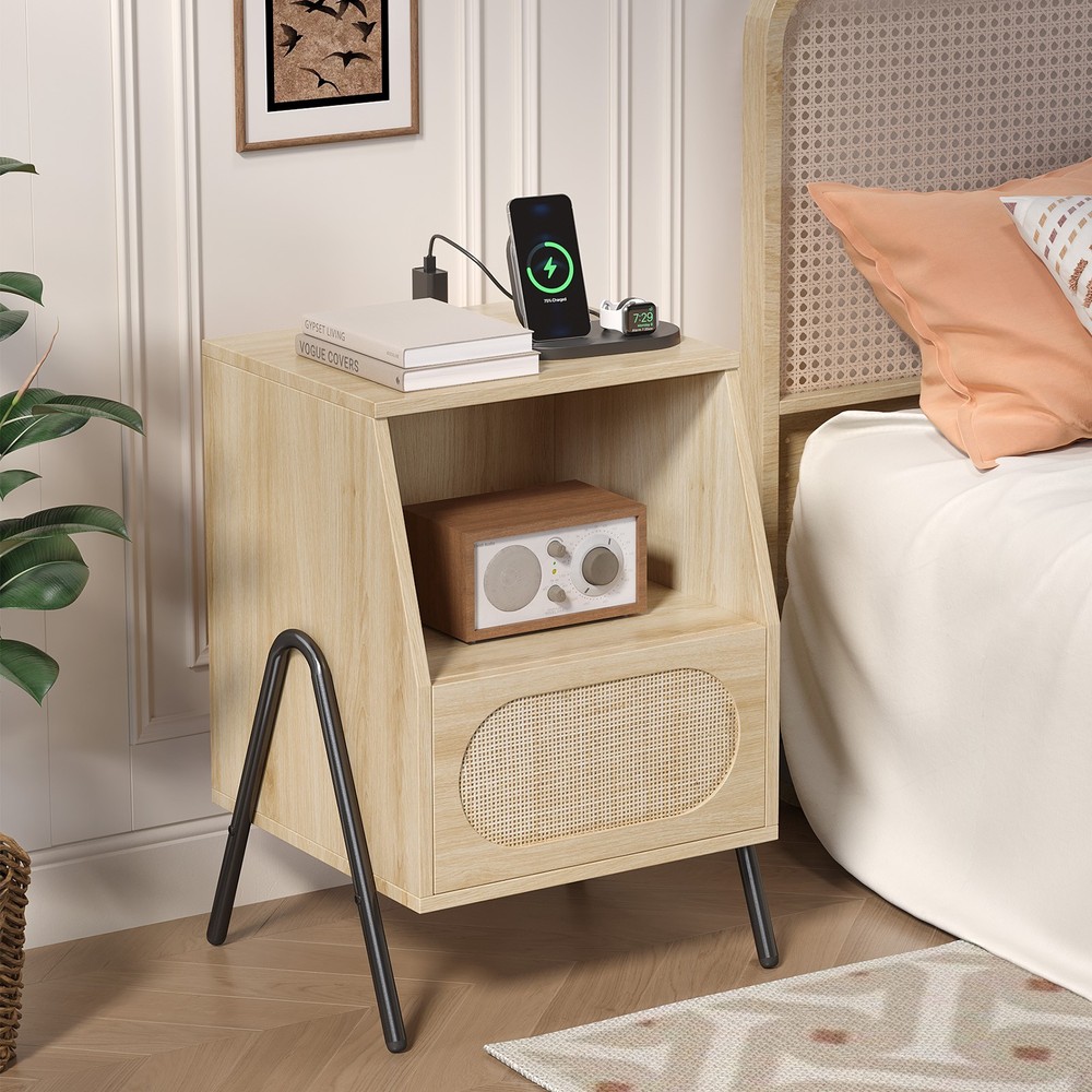 Small Nightstand with Charging Station Wood Rattan Bed Side Table Storage Drawer